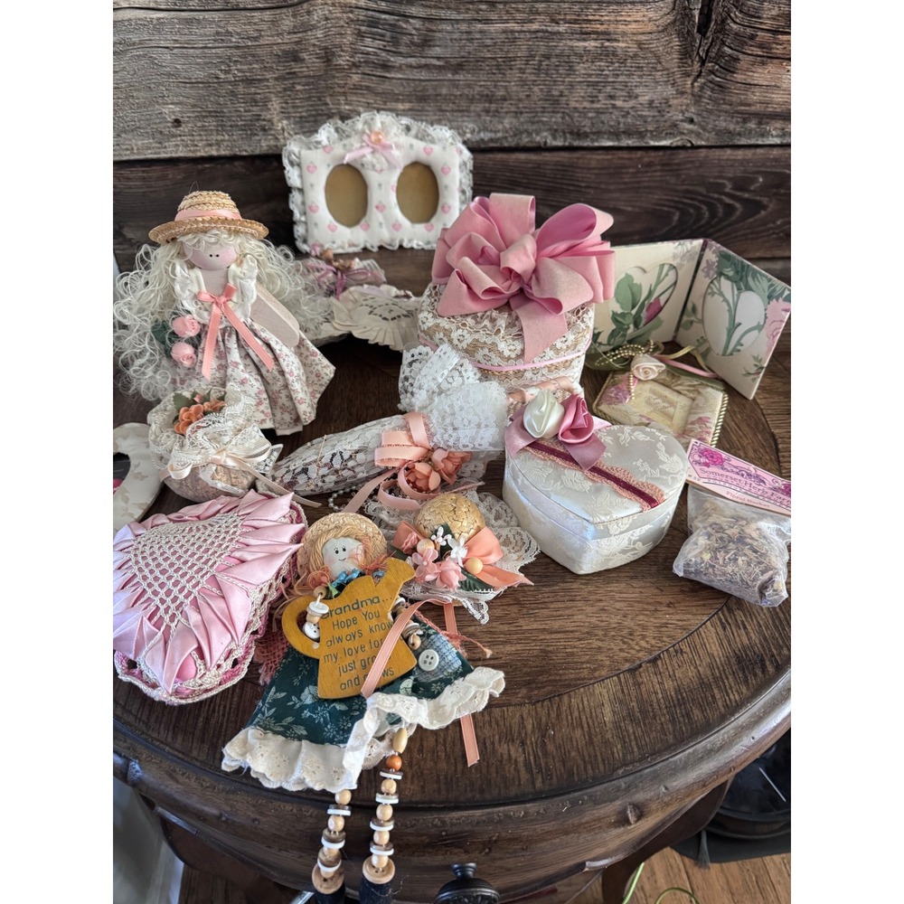 Vintage Cottagecore Decor Lot Lace Trinket Boxes Angel Doll Fabric Frames Pink